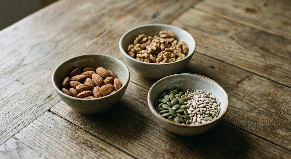 Mixed nuts and seeds in small bowls on a table